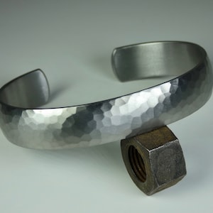 Domed hand crafted grade 2 titanium bracelet with hand hammered and satin brushed finish. Mens bracelet. Titanium jewelry.