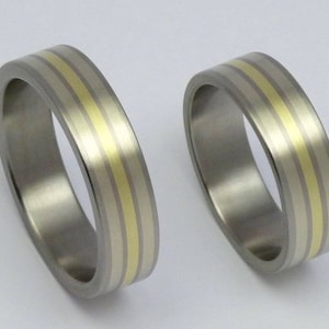 Titanium en 14 karaat wit en geelgoud paar trouwbanden.