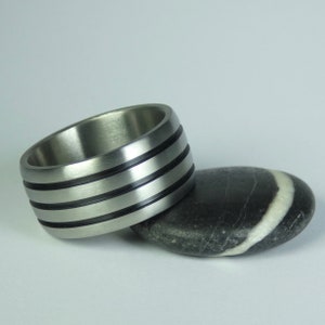 Solid pure Zirconium ring black heat oxidized grooves. Mens ring. Mens jewelry. Thumb ring.