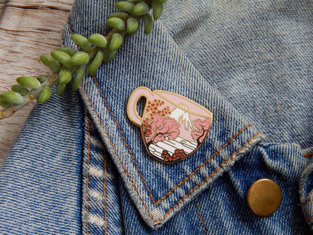 Hokusai Tea: Mount Fuji Seen Through Cherry Blossom Enamel Pin