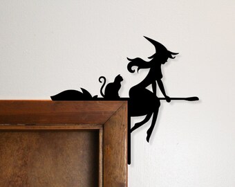 Halloween Witch Door Trim Corner Decoration | Sturdy 1/4 In Wood | Halloween Wall Decor | Gift for Cat | Reversible: Painted on Both Sides