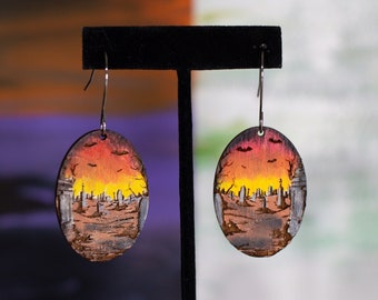 Halloween Earrings | Graveyard at Sunset Earring | Hand-painted Jewelry | Goth Dangle Earrings | Spooky Jewelry