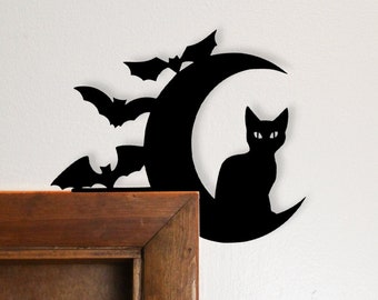 Halloween Reversible Cat Door Trim Decor | Sturdy 1/4 Inch Wood | Moon & Bats Corner Decoration | Cat Decorations | Painted on Both Sides