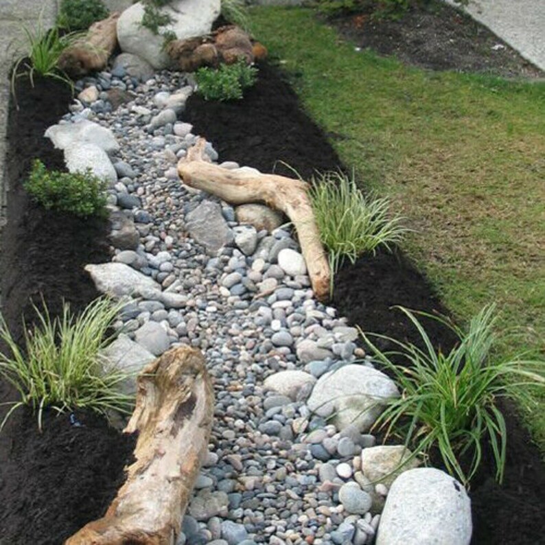 May include: A dry riverbed landscape design featuring a winding path of small and large grey stones. The path is lined with dark mulch and green plants. Driftwood logs are placed along the path, adding a natural touch.