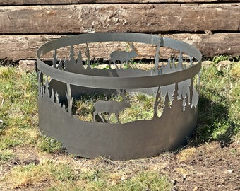 Deer Fire Pit Ring, Deer Scene Trees, Steel Fire Pit, Campfire Ring, Outdoor Fire Ring, Heavy Duty, Made in the USA, NO ASSEMBLY Required