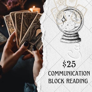 Op de afbeelding: Een persoon houdt tarotkaarten vast tegen een donkere achtergrond met een brandende kaars. De afbeelding bevat een kristallen bol illustratie met een halve maan en sterren, en de tekst "COMMUNICATION BLOCK READING".