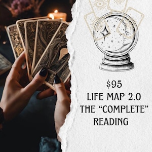 May include: A set of tarot cards with intricate gold and black patterns held in view, alongside a graphic illustration of a crystal ball with a crescent moon face and star motifs. Text reads: $95 LIFE MAP 2.0 THE “COMPLETE” READING HIGHERGUIDANCE111888.