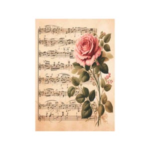 Papier de riz pour decoupage, grands formats | Roses & partitions | Vintage musical | Motif floral NT19