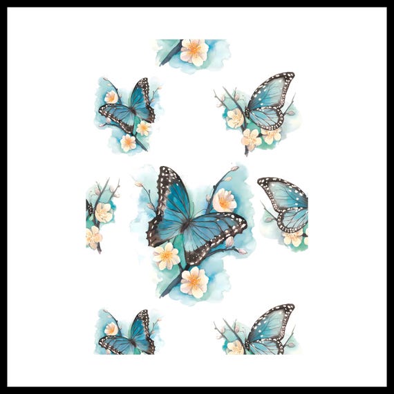 Rice Paper Decoupage | Big Size Options | Blue Watercolor Butterflies Pattern | Self-Adhesive Mulberry Sheet