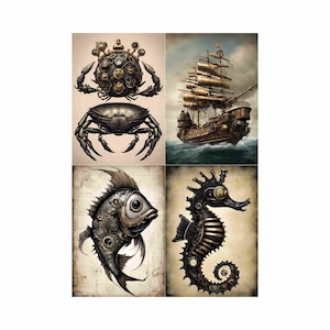 Kleefrijstpapier voor decoupage, A3 (elk 5,9 x 7,87 inch) | Steampunkpatroon Sticky Washi en rijstpapier| 4-in-1 krab, zeepaardje, schip, vis YPST03