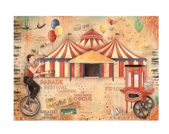 Rice Paper for Decoupage | Circus Theme Pattern | A3 Size | Self Adhesive Mulberry Washi Sheet