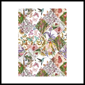 May include: A colorful patchwork design featuring butterflies, birds, flowers, and ornate patterns. The artwork is composed of diamond-shaped tiles with a variety of watercolor illustrations in shades of pink, green, blue, and gold.