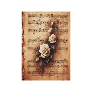 Papel de arroz para decoupage, tamaños grandes | Rosas y partituras | Vintage musical | Patrón floral NT11