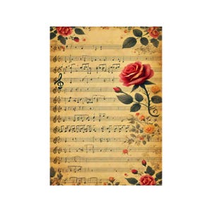 Papier de riz pour decoupage, grands formats | Roses & partitions | Vintage musical | Motif floral NT02