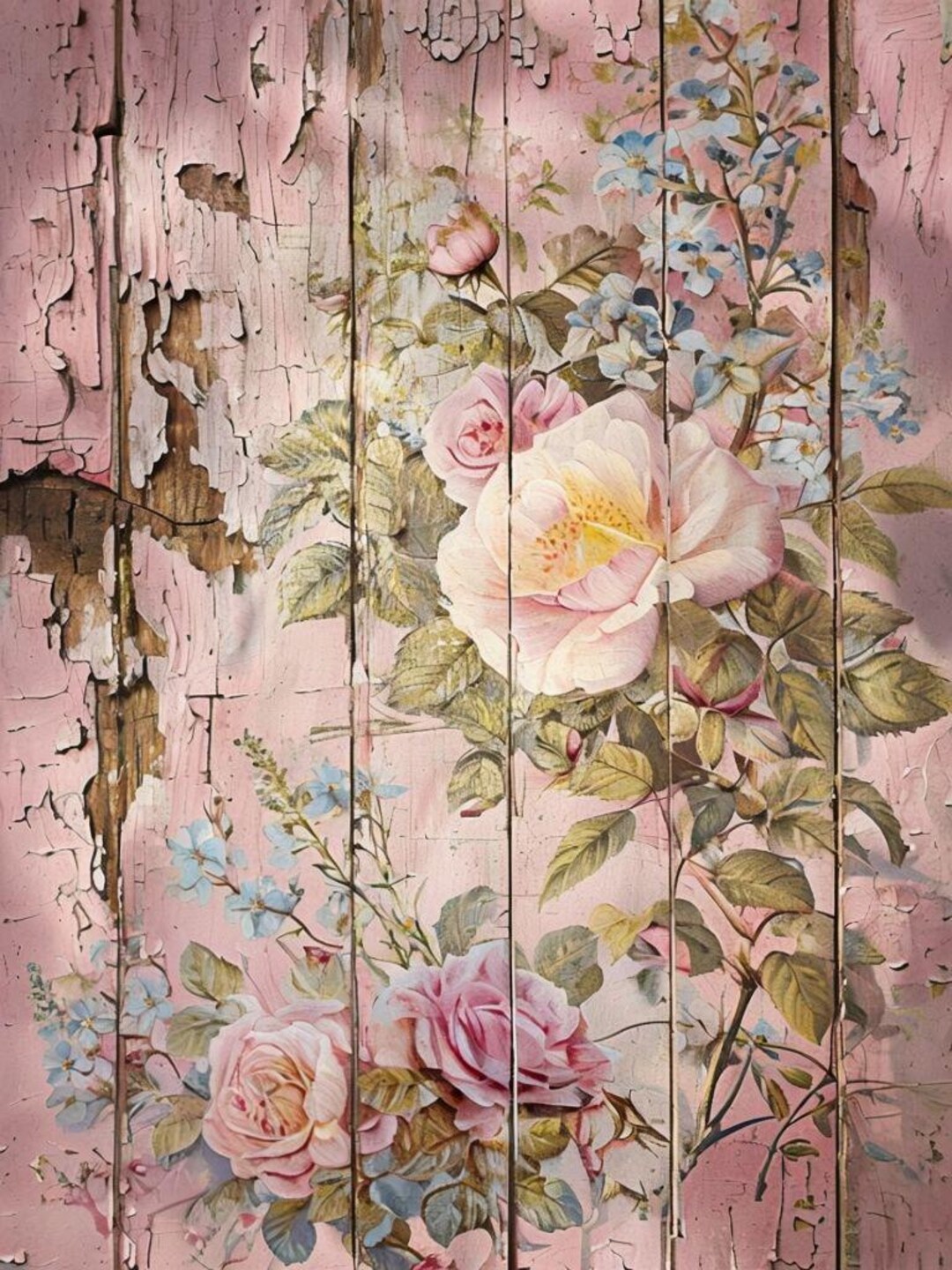 Shabby Pink Rose Rice Paper for Decoupage – Rustic Peeling Wood Floral ...