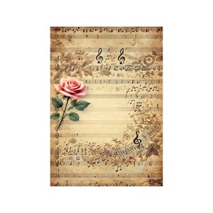 Papier de riz pour decoupage, grands formats | Roses & partitions | Vintage musical | Motif floral NT08