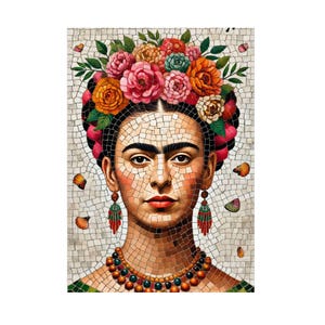May include: Mosaic portrait of a woman with a floral headdress. The artwork features a mosaic tile effect, with a colorful arrangement of flowers in shades of pink, orange, and green. The woman wears a beaded necklace and earrings.