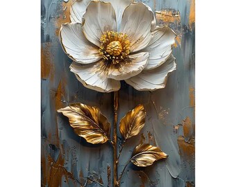 Rice Paper Decoupage | Large Size Options | White Flower Gold Leaves Modern Textured Art