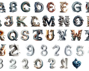 Rice Paper Dragon Alphabet Letters Clipart | Sticky Rice Decoupage Paper Inscriptions Field Alphabet 39 Dragon Letters and Number Clipart