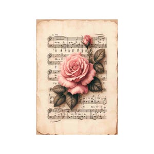 Papier de riz pour decoupage, grands formats | Roses & partitions | Vintage musical | Motif floral NT17