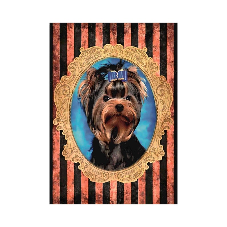 A Yorkshire Terrier dog with brown and black fur is wearing a blue bow and is framed in a gold ornate oval frame against a red and black striped background.
