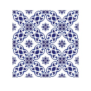 May include: A square, repeating pattern featuring a symmetrical design in white and blue. The pattern includes stylized floral and scroll-like elements, creating a classic, decorative aesthetic. The design is reminiscent of traditional ceramic tile patterns.