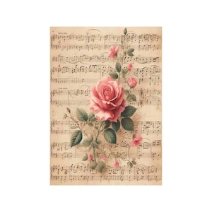 Papier de riz pour decoupage, grands formats | Roses & partitions | Vintage musical | Motif floral NT18