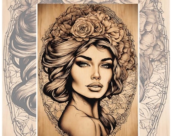 Carta di riso per decoupage / Opzioni di grandi dimensioni / Motivo donna vintage in pirografia