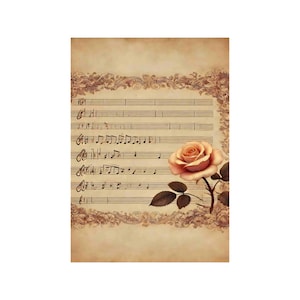 Reispapier für Decoupage, große Formate | Rosen & Notenblattmuster | Musikalischer Vintage-Decoupage | Blumenmuster NT07