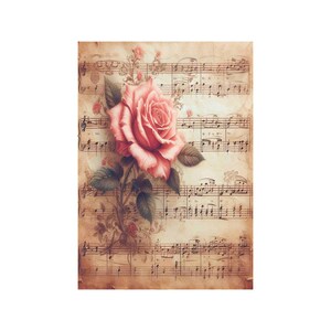 Papier de riz pour decoupage, grands formats | Roses & partitions | Vintage musical | Motif floral NT20