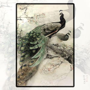 Puede incluir: Obra de arte enmarcada con dos pavos reales posados en una rama con delicadas flores blancas. Los pavos reales tienen plumas iridiscentes verdes y azules y una cabeza negra y blanca. El fondo es de un tono suave y neutro.