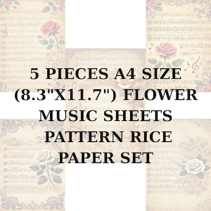 Rijstpapier 5 ST. (A4) SET 8,3 x 11,7 | Decoupagepapier rijst | Patroon met bladmuziek van washi- en rijstpapier voor decoupage ST14