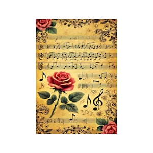 Papier de riz pour decoupage, grands formats | Roses & partitions | Vintage musical | Motif floral NT01