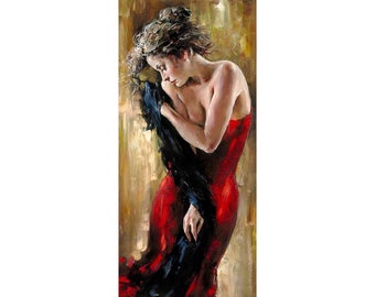 Puede incluir: Pintura al óleo de una mujer con un vestido rojo sin tirantes, drapeada con un chal negro. La obra presenta una paleta de colores cálidos con un fondo dorado y pinceladas detalladas, creando un efecto texturizado.