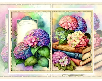 Puede incluir: Una pintura de acuarela de un ramo de hortensias rosas, azules y amarillas con una pila de libros antiguos. Los libros tienen letras doradas y están sobre una mesa con una superficie marrón claro.
