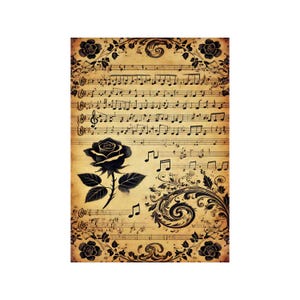 Papier de riz pour decoupage, grands formats | Roses & partitions | Vintage musical | Motif floral NT10