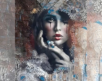 Rice Paper for Decoupage | Woman Pattern | Big Size Options | Surreal Female Portrait | Mixed Media