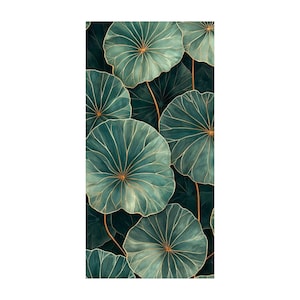 Può includere: Illustrazione botanica con grandi foglie color verde acqua con venature dorate. Le foglie si sovrappongono su uno sfondo verde scuro, creando un motivo. L'opera d'arte ha un effetto acquerello.