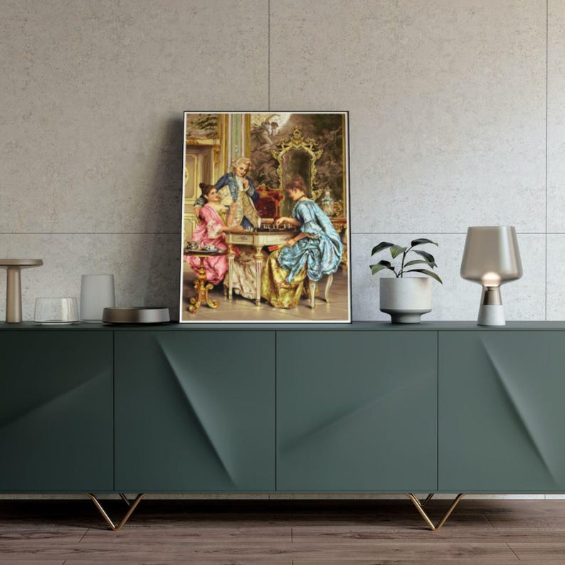Classical chess painting art framed on a green sideboard; frame not included.