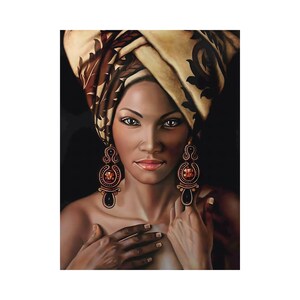 A portrait of an Afro woman with a patterned headwrap and ornate earrings, holding her hands over her chest.