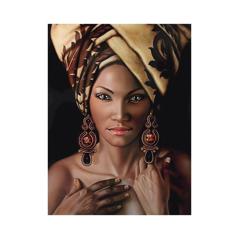 A portrait of an Afro woman with a patterned headwrap and ornate earrings, holding her hands over her chest.