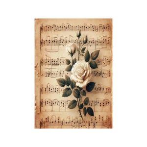 Papier de riz pour decoupage, grands formats | Roses & partitions | Vintage musical | Motif floral NT14