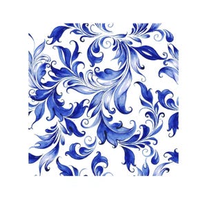 May include: A seamless pattern featuring a watercolour design of blue floral elements on a white background. The design includes stylized leaves and swirling details, creating a classic, elegant aesthetic.