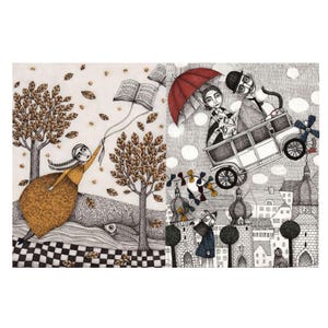 High-quality rice decoupage paper for furniture and DIY crafts featuring two whimsical, surreal black and white illustrations. The left side shows a girl in a patterned mustard dress holding onto flying books as if they were kites, set in a landscape with stylized trees and falling leaves. The right side features a couple and their cat in a vintage carriage flying over a European-style town with domed buildings. Perfect for creating unique, storytelling furniture pieces.
