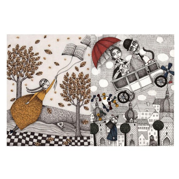 Rice Paper Decoupage | Whimsical Folk Art | Big Size Options | Naive Illustration Sheet