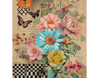 Rice Paper for Decoupage | Big Size Options | Floral Collage | Vintage Modern Design | Butterfly Motif