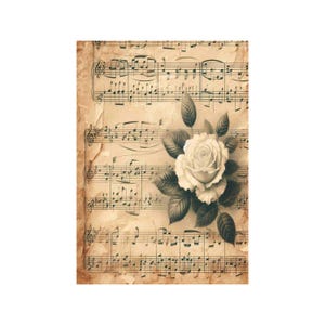 Papier de riz pour decoupage, grands formats | Roses & partitions | Vintage musical | Motif floral NT1