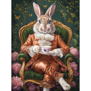 May include: A regal rabbit in an orange suit with a ruffled collar, seated in a green velvet chair, holding a teacup. The background features gold butterflies and floral accents, creating a whimsical and elegant scene. Pink peonies frame the chair.