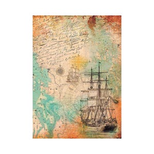 Zelfklevende decoupage rijstpapier | Zeilschip kompasroos | Vintage nautische antieke wereldkaart