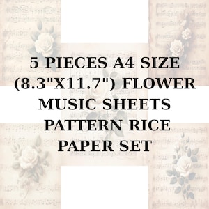 Rijstpapier 5 ST. (A4) SET 8,3 x 11,7 | Decoupagepapier rijst | Patroon met bladmuziek van washi- en rijstpapier voor decoupage ST16
